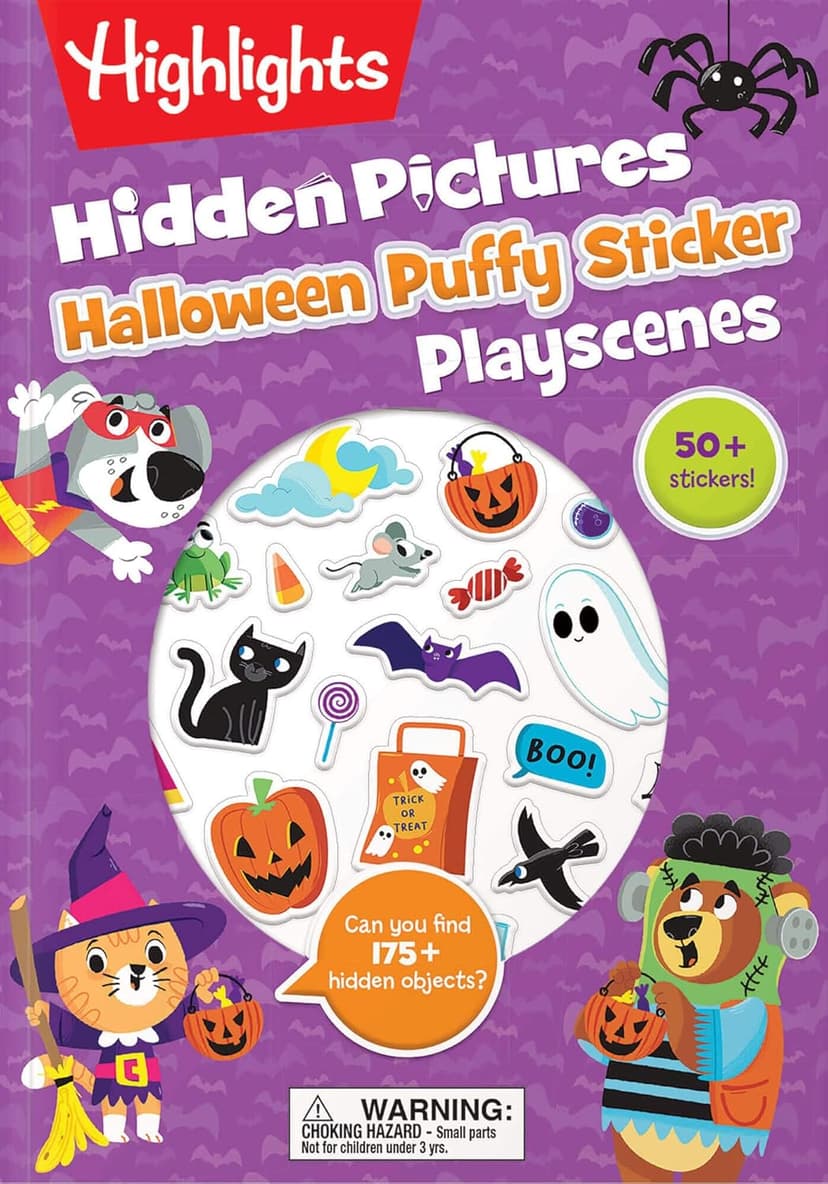 Halloween Hidden Pictures Puffy Sticker Playscenes: Halloween Activity Book for Kids 36 Featuring Over 175 Hidden Objects, 50 Reusable Puffy Stickers ... Games (Highlights Puffy Sticker Playscenes)