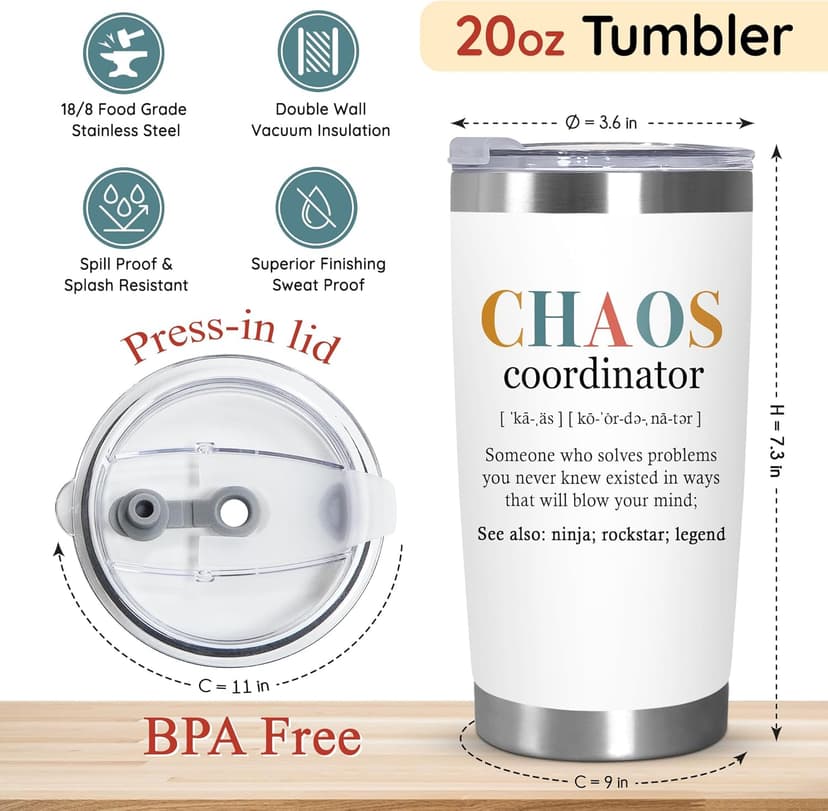 TEEZWONDER Christmas Thank You Gifts For Women - Chaos Coordinator Insulated Coffee Tumbler with Lid 20 oz - Teacher Retirement Appreciation Birthday Gifts for Women Friends Coworkers Boss Employee