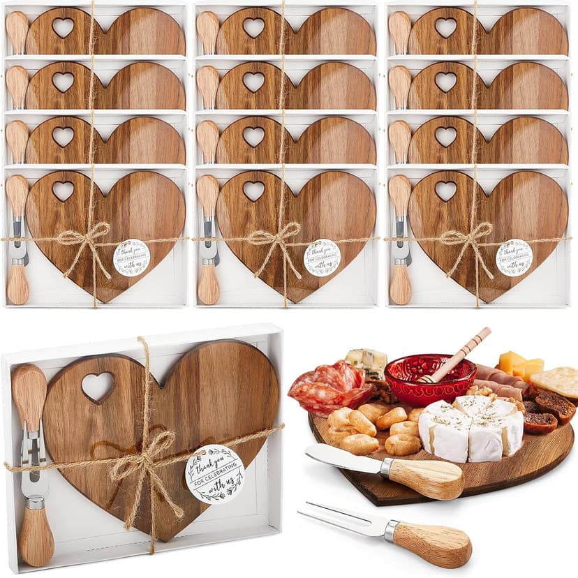 Patelai 12 Set Bridal Shower Favor Heart Cheese Board Cheese Knives Wood Mini Charcuterie Board Thank You Gift Box for Guest Bridal Baby Shower Prize Wedding Birthday Valentines (Acacia Color)