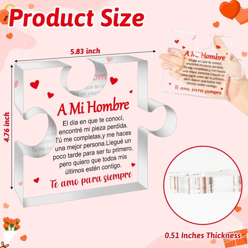 Yopyame Romantic Gifts for Him - Engraved Acrylic Block Puzzle Spanish Romantic Gifts Christmas Gift to My Man Anniversary Valentine's Day Acrylic Keepsake Paperweight Gift for Him Boyfriend Husband