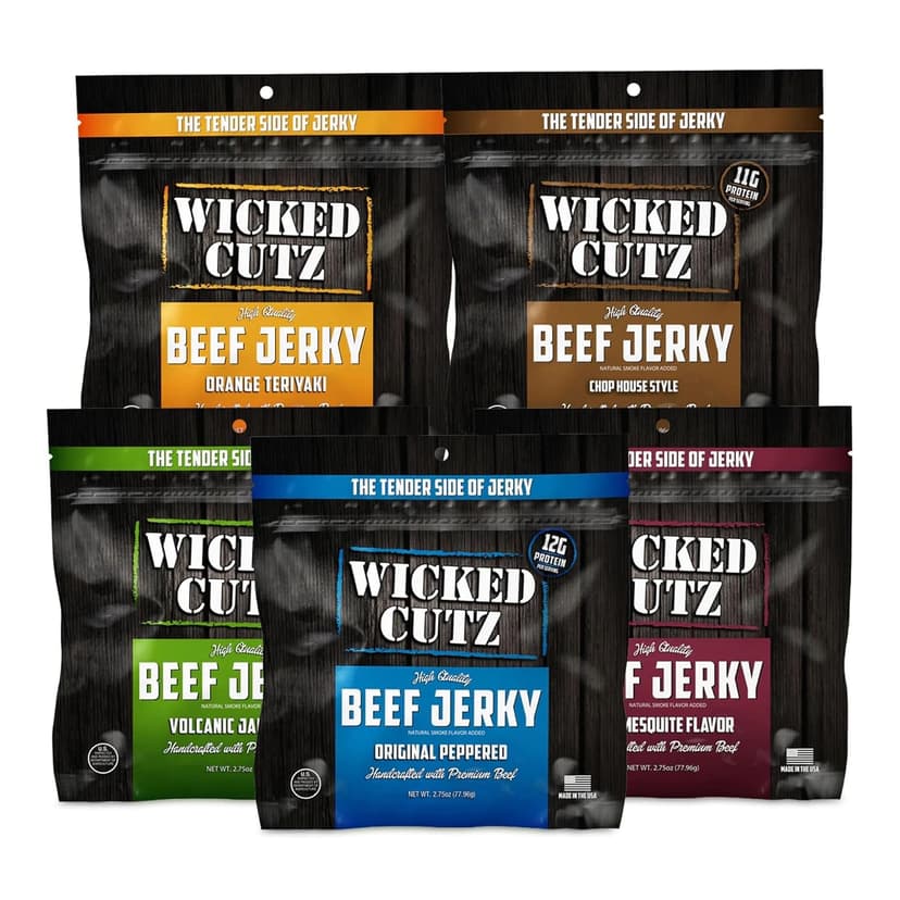 Wicked Cutz Beef Jerky Variety Pack, 5 Flavors & Up to 36g Protein Per Bag, Tender & Easy to Chew Alternative to Beef Sticks, USA Made High Protein Carnivore Snacks (5 Bags, 1 of Each Flavor)