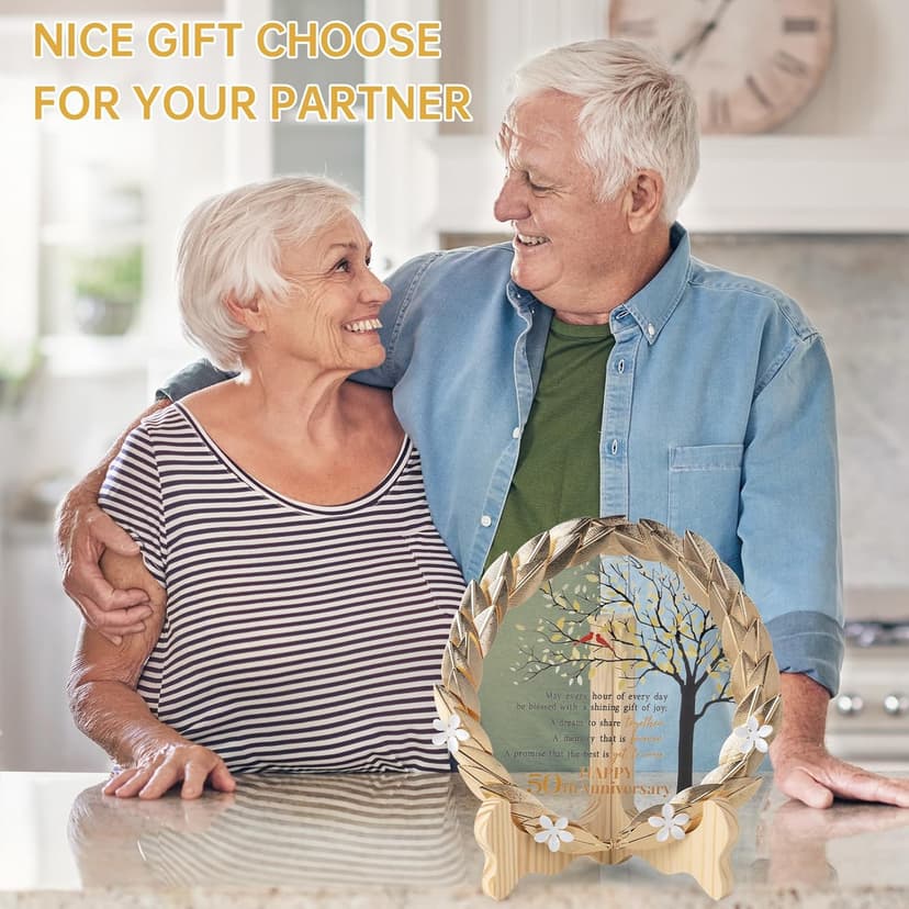 50th Anniversary Wedding Unique Gifts Ideas Crystal Plate with Gold Leaf Wreath - 50th Anniversary Wedding Gifts for Parents Couple - Cardinal Style