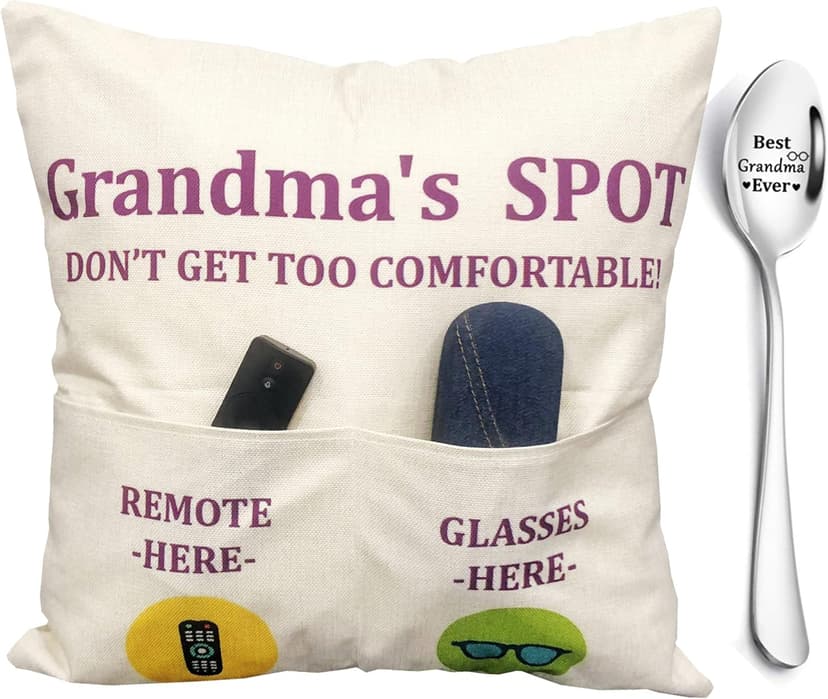 Grandma Gifts, 2-Pocket Grandma’s Spot Throw Pillow Covers 18x18 Inch + Engraved Spoon, Birthday Christmas hanksgiving Day Gifts for Grandma Mom Gigi Nana Mimi