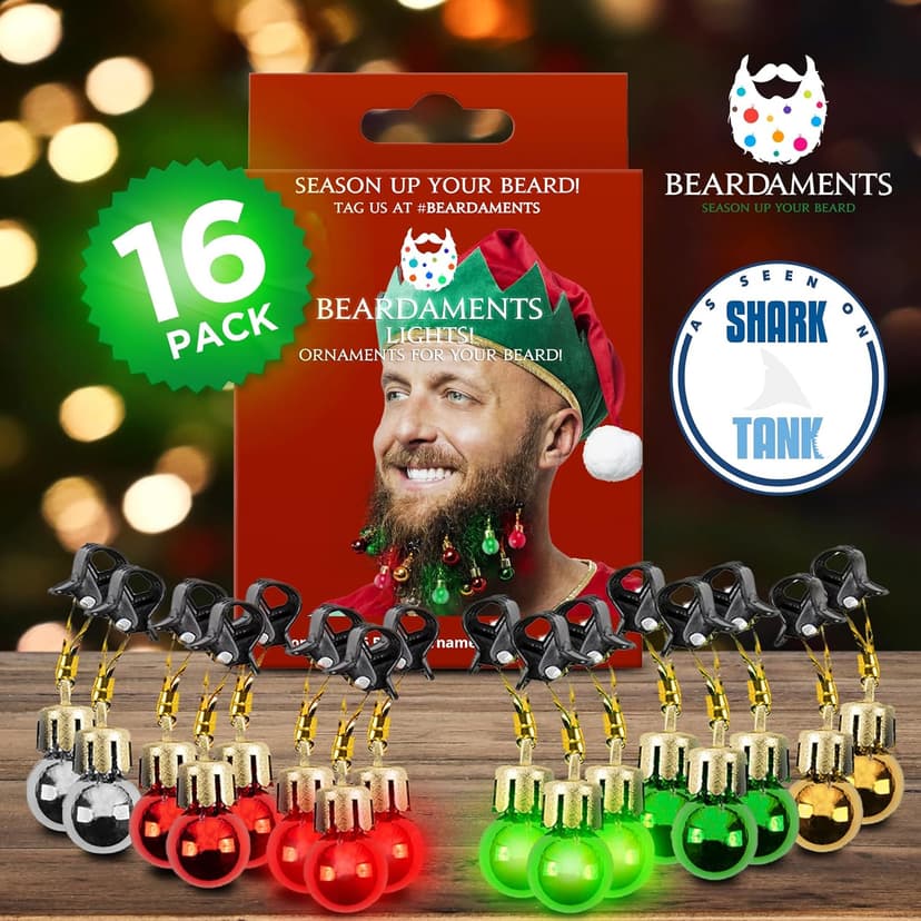 Beard Lights - Light-Up Beard Ornaments for Men - Colorful Christmas Beard Baubles with Easy Clip Attachment - Funny Christmas Ornaments - 16pc