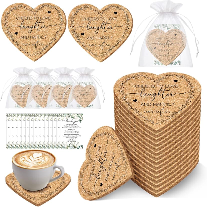 50 Set Wedding Favors Cork Coasters for Guest Heart Shaped Coasters Souvenirs Thank You Cards and Organza Bags Wedding Gifts Bridal Shower Favors for Souvenirs Non-Slip Heat-Resistant Coasters