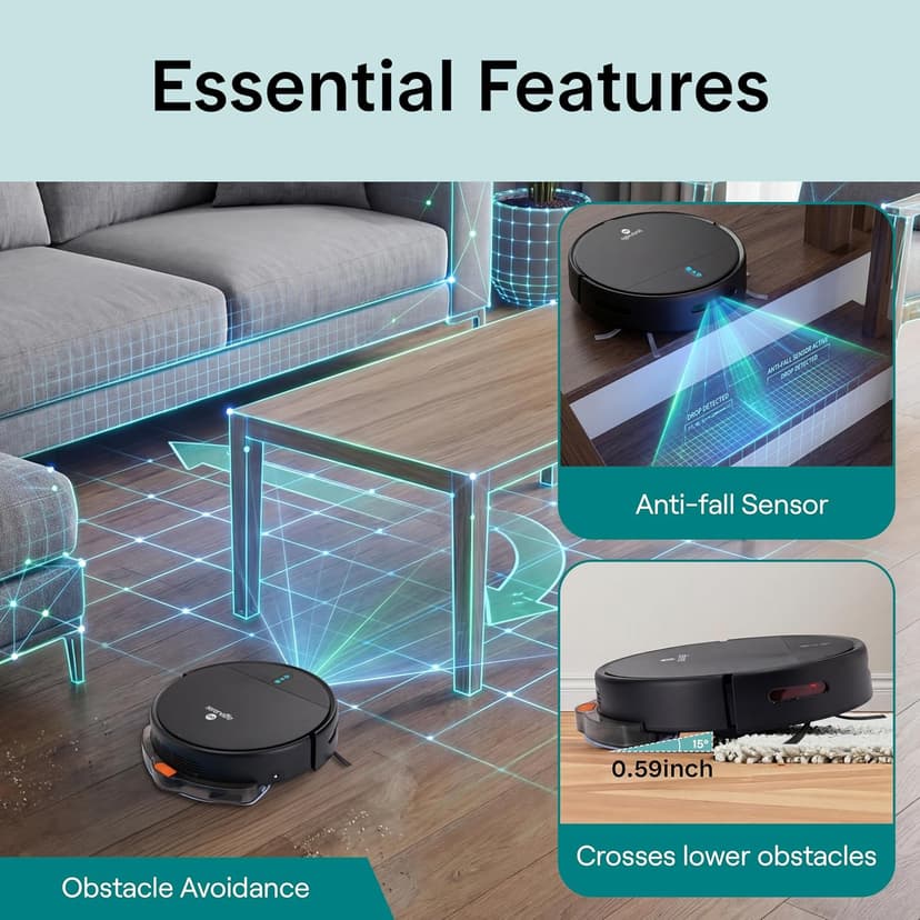 SereneLife Smart Robot Vacuum Cleaner and Mop Combo, App Control, 3 Cleaning Modes, Anti-Fall Sensors, Self-Charging, High Suction Ideal for Pet Hair, Carpet and Hard Floors, Black