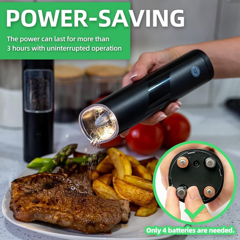 Gravity Electric Salt and Pepper Grinder Set, Adjustable Coarseness, Warm LED Light, One-handed Automatic Operation, Battery Powered, Black, Electric Pepper Mills