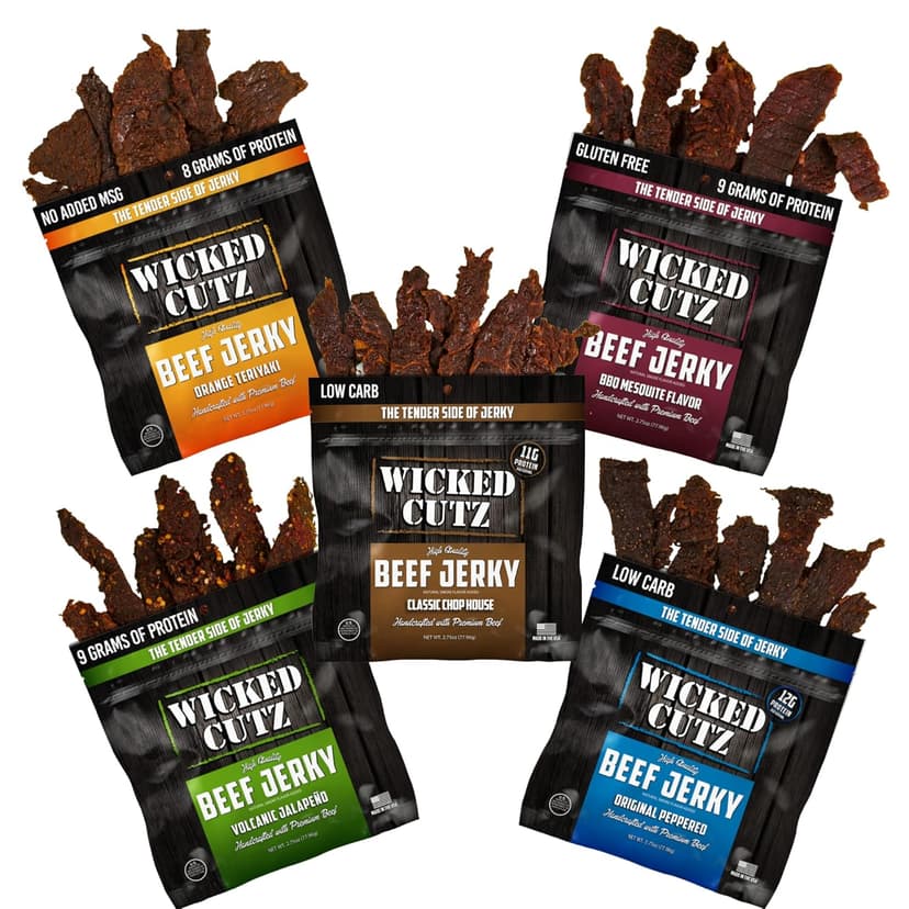 Wicked Cutz Beef Jerky Variety Pack, 5 Flavors & Up to 36g Protein Per Bag, Tender & Easy to Chew Alternative to Beef Sticks, USA Made High Protein Carnivore Snacks (5 Bags, 1 of Each Flavor)