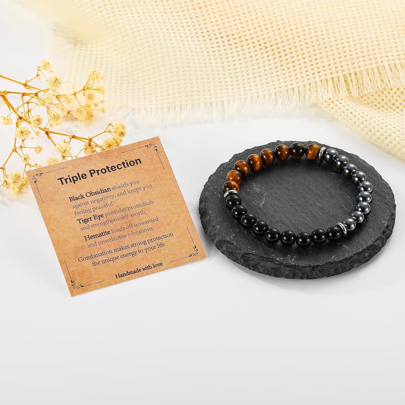 Bracelet Gifts for Men, Triple Protection Black Obsidian Hematite Tiger Eye Beaded Natural Stone Bracelets Birthday Christmas Stocking Stuffers Healing Jewelry Gifts for Him