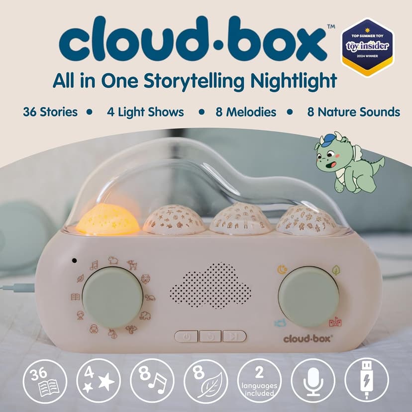 Cloudb Cloudbox Storytime Audio Story Books Toy Gift for Toddlers Kids Girls Boys | English/Spanish Voice Record Storyteller | 36 Stories, 8 Melodies, Star Projector Night Light White Noise Dreambox