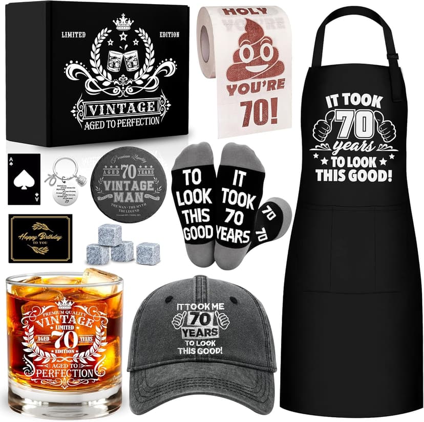 70th Birthday Gifts for Men Whiskey Glass Set, 70th Birthday Party Supplies with 11 Oz Whiskey Glass Coaster Stone Baseball Cap Apron Sock Funny Toilet Paper Keychain for Him, Dad, Husband, Friends