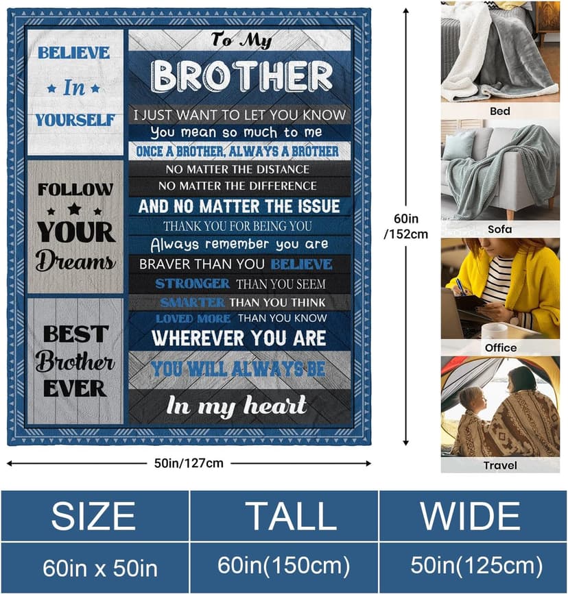 Quilazy Gifts for Brother, Best Brothers Birthday Gifts from Sister, Big Brother Gift for Boy, Cool Christmas Fathers/Valentines Day Graduation Birthday Gift for Adult Brothers Men Blanket 60"X 50"