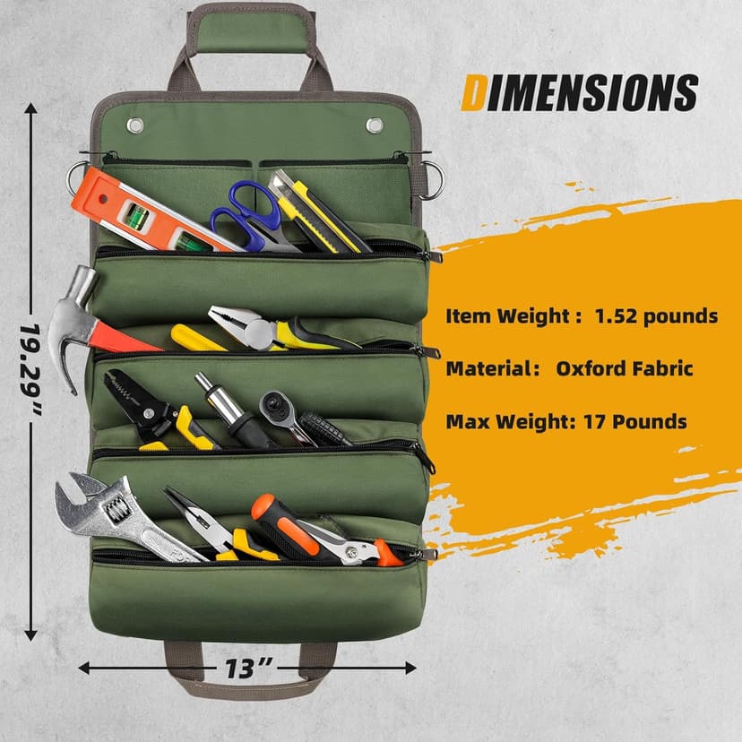 Tool Bag Roll Up, UUP Heavy Duty Portable Soft Tool Storage Organization, Foldable Empty Rollup Organizer with 2 Small Pouches, Rollable Carrying Toolbag, Dad Men Mechanic Welding Birthday Gift, Green