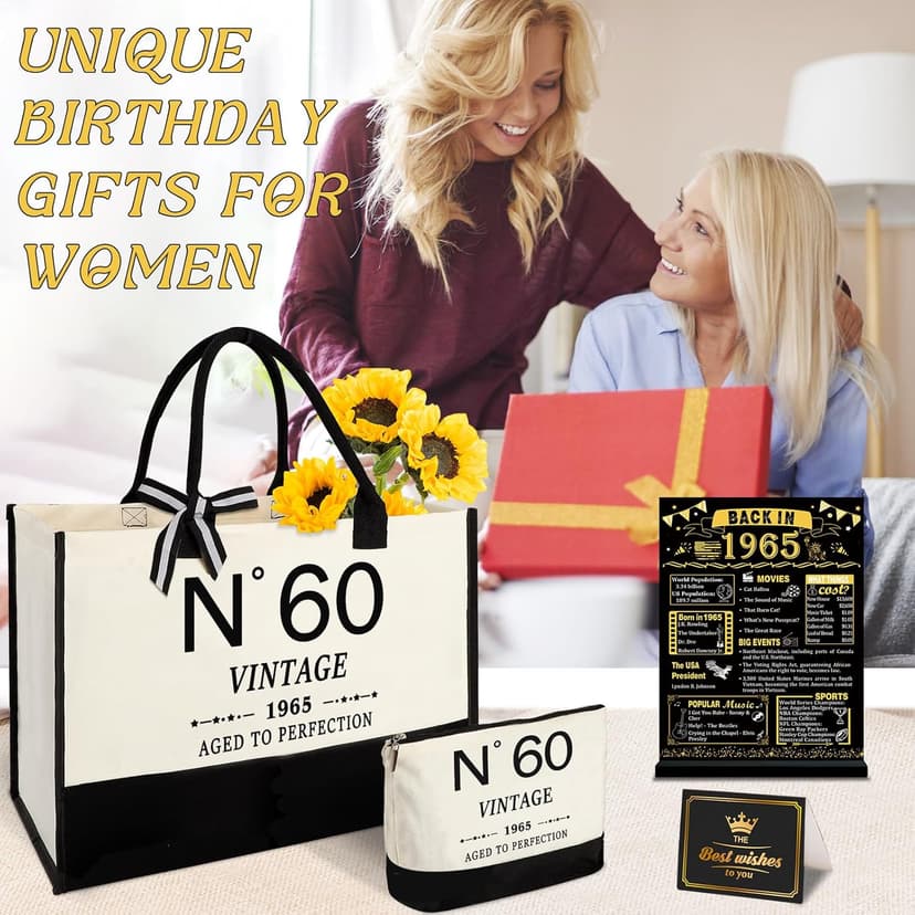 60th Birthday Gifts for Women Canvas Tote Bag Travel Gear, Unique 60 Years Old Gifts for Her Wife Sister Mom Aunt Friends, Vintage N60 Handbag & Cosmetic Bag & Back in 1965 Poster