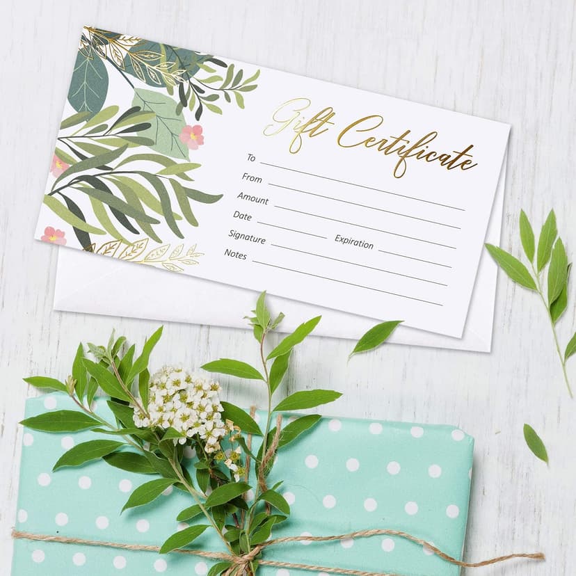 Sweetzer & Orange Blank Gift Certificates for Business with Gold Foil- 25 Gift Certificate Cards with Envelopes for Spa, Salon, Restaurants, Custom Client Vouchers for Birthday, Work Card – 3.75x7.5”