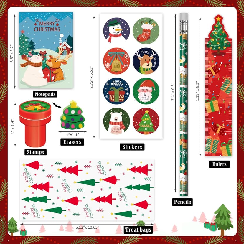 168 PCS Christmas Party Favors for Kids, 24-Pack Christmas Stationery Set for Stocking Stuffers, Christmas-Themed Classroom Gift Exchange Carnival Events Class Reward Gifts and Prizes