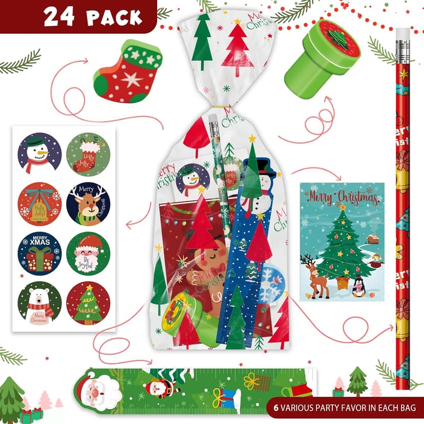 168 PCS Christmas Party Favors for Kids, 24-Pack Christmas Stationery Set for Stocking Stuffers, Christmas-Themed Classroom Gift Exchange Carnival Events Class Reward Gifts and Prizes