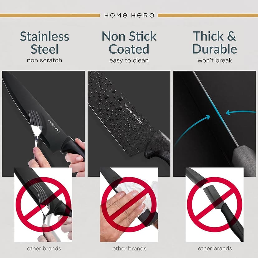 Home Hero Kitchen Knife Set with Sharpener - High Carbon Stainless Steel Knife Block Set with Ergonomic Handles (20 Pcs - Black)