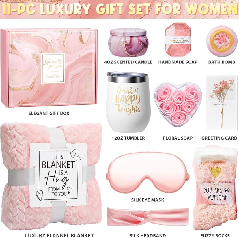 Birthday Gifts for Women Self Care Gifts Get Well Soon Gifts, Rose Relaxing Spa Gifts Basket Care Package w/ Luxury Flannel Blanket, Unique Mothers Day Gifts for Mom Her Friend Sister Wife Grandma