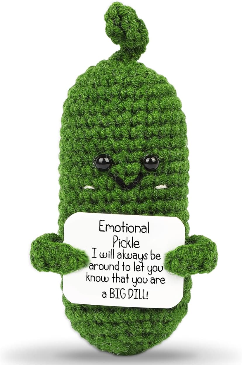 Hoedia Handmade Emotional Pickle Gift, Cucumber Crochet Doll Inspirational Gifts with Cards, Cute Knitted Funny Support Potato Friend Birthday Mothers Day Easter Basket Stuffers (Emotional Pickle)