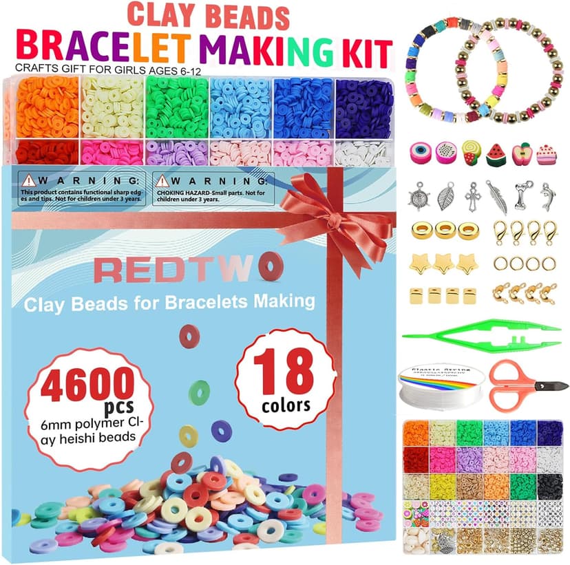 Redtwo 5100 Clay Beads Bracelet Making Kit, Flat Preppy Beads for Friendship Jewelry Making,Polymer Heishi Beads with Charms Gifts for Teen Girls Crafts for Girls Ages 8-12