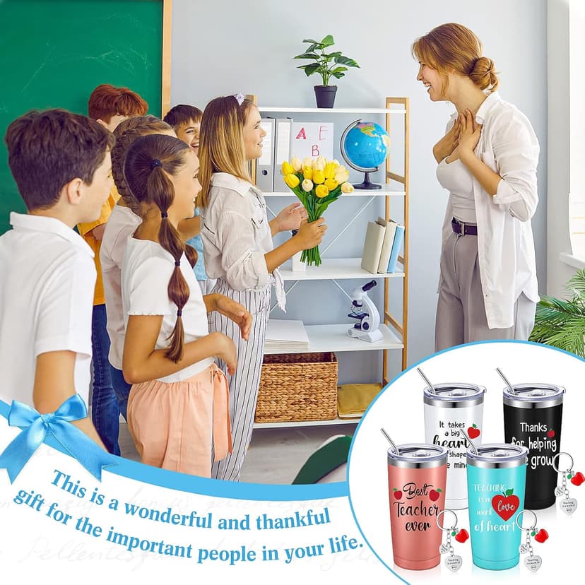 Yinder Valentines Gifts for Teachers Tumbler Set 4pcs Stainless Steel Tumblers with Keychains 12oz Insulated Mugs for Teachers Appreciation Presents Thank You Gifts Bulk Teacher Supplies(Apple)