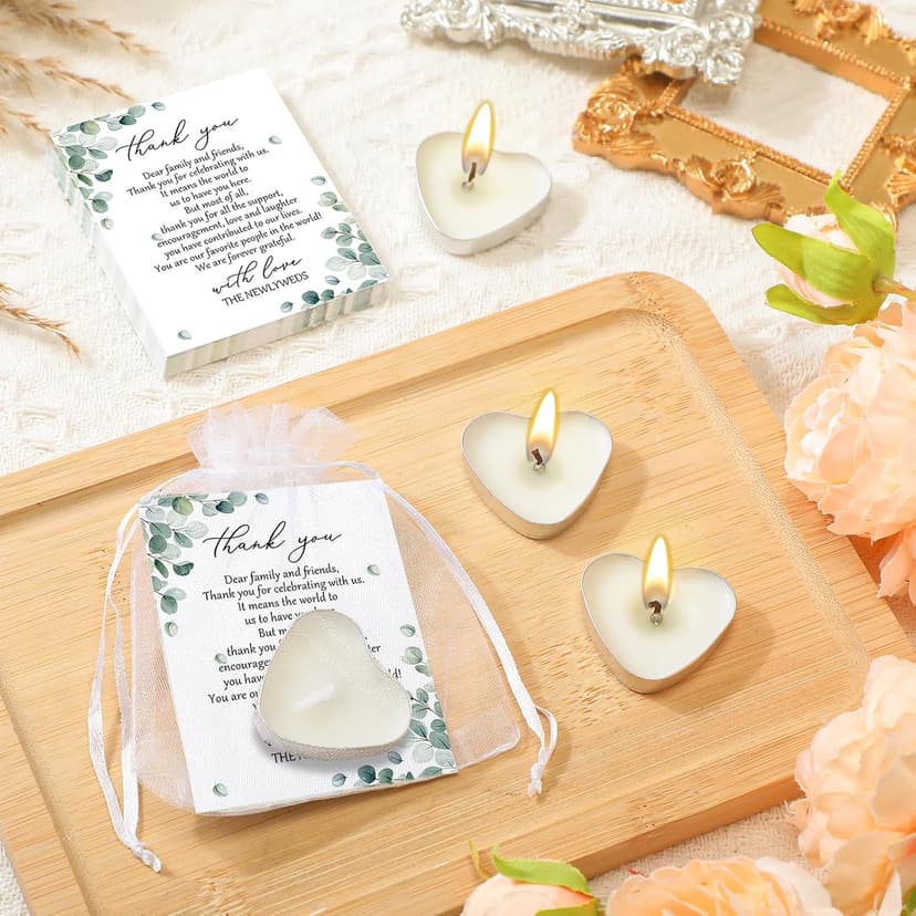 100 Sets Wedding Gifts for Guests Heart Shaped Candles Mini Candles Wedding Candle Gifts for Guests Thank You Cards and Organza Bags for Bridal Shower Party Favors