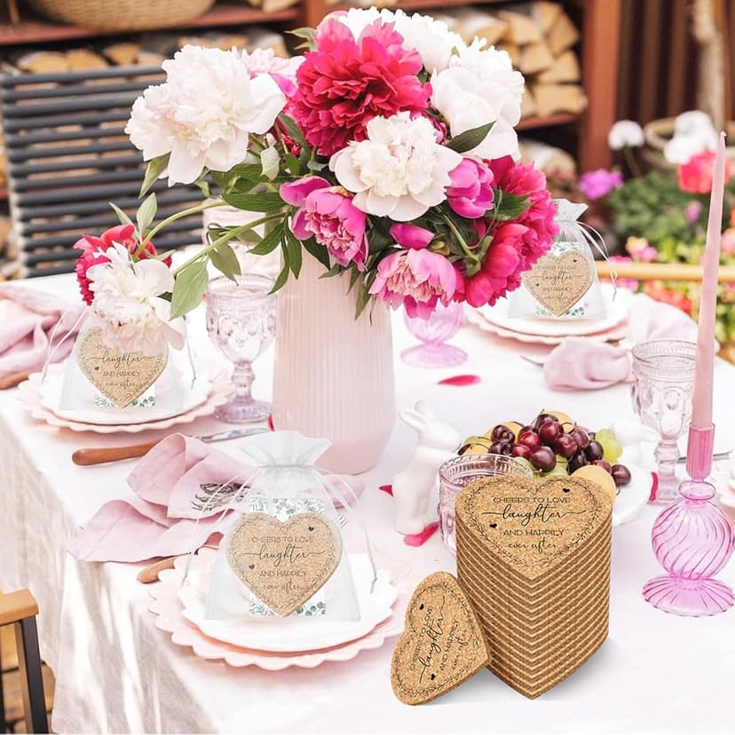 50 Set Wedding Favors Cork Coasters for Guest Heart Shaped Coasters Souvenirs Thank You Cards and Organza Bags Wedding Gifts Bridal Shower Favors for Souvenirs Non-Slip Heat-Resistant Coasters