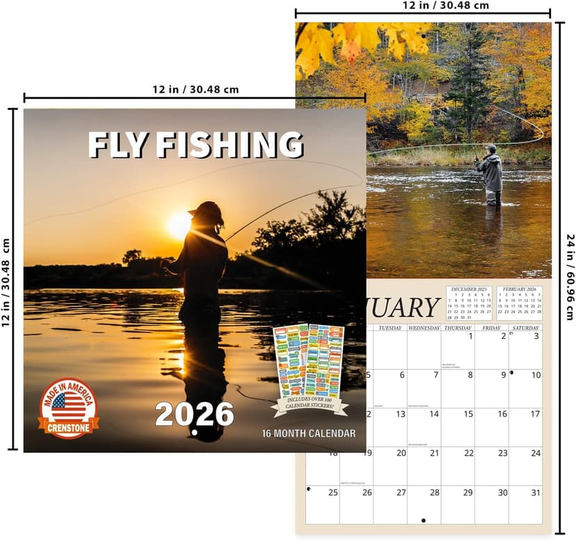 Fly Fishing Calendar 2026 - Angling Wall Calendar Bundle | 12" x 24" Open | 100+ Reminder Stickers | Fisherman Gifts, Office Supplies | Made in USA
