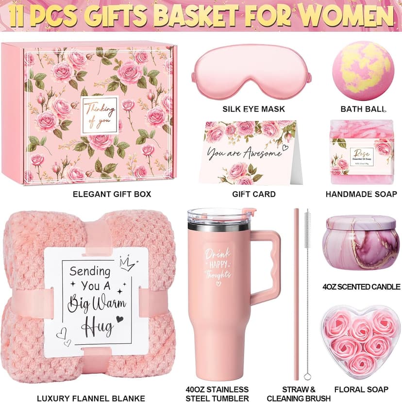 Birthday Gifts for Women Self Care Gifts Get Well Soon Gifts, Rose Relaxing Spa Gifts Basket Care Package w/ Luxury Flannel Blanket 40 oz Tumbler, Mothers Day Gifts for Mom Her Wife Girlfriend Sister