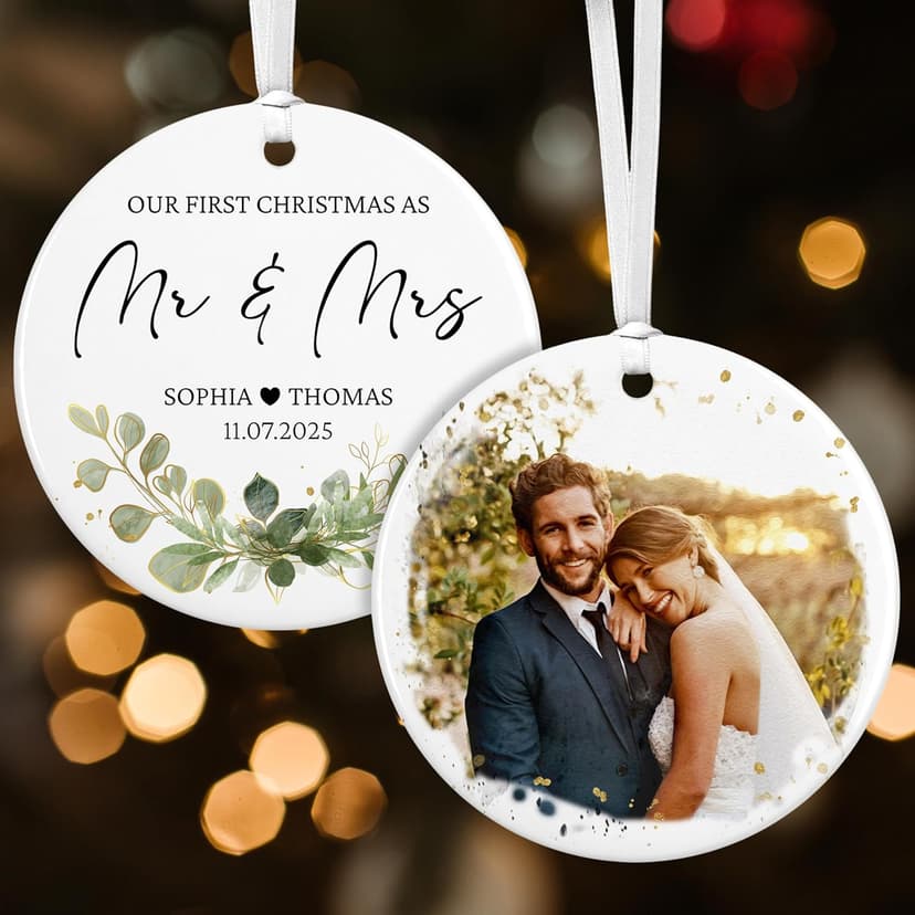 Personalized Our First Christmas as Mr and Mrs Double-Sided Ornament 2025, Custom Photo Ceramic Ornament, First Christmas Married Keepsake, Wedding Gift for Newlywed Couple