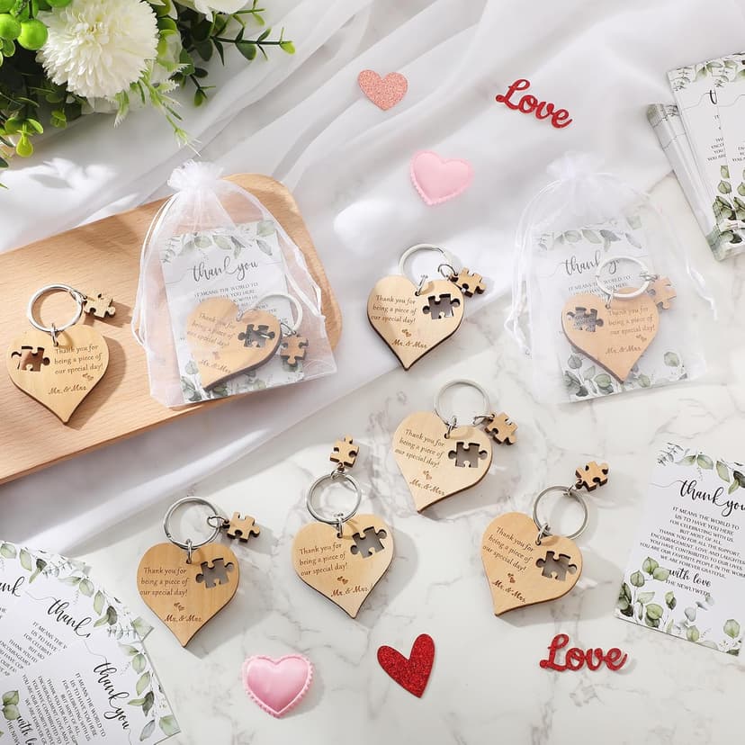 Wedding Favors for Guests Wood Heart Puzzle Keychains Thank You Cards Gift Bag Bridal Shower Souvenir Gifts(50 Sets)