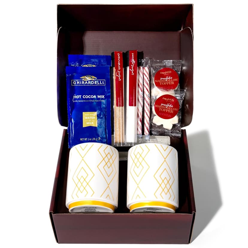 Hot Cocoa for Two Gift Set Made with Ghirardelli, Includes 2 Mugs, 2 Hot Cocoa Mixes, 2 Sugar Toppings, 2 Peppermint Stirrers & 2 Snowflake Marshmallows
