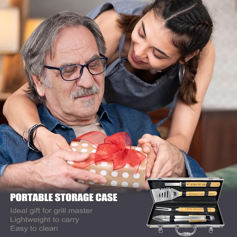 Grandpa Gifts from Grandkids, Fathers Day Grandpa Gift Heavy Duty Wooden BBQ Grilling Accessories Kit for Backyard, Thick Stainless Steel Grill Utensils with Non-Slip Handle Tools in Portable Bag