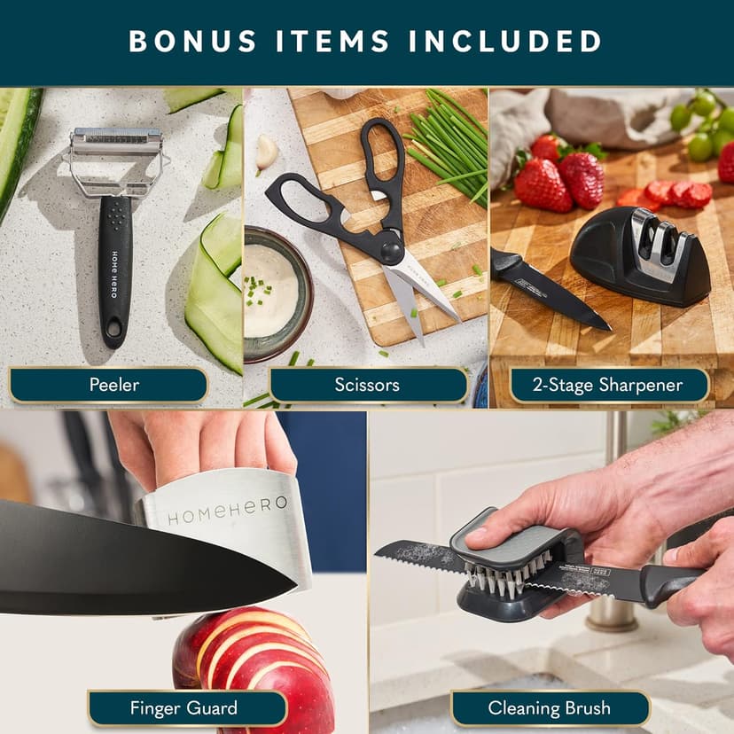 Home Hero Kitchen Knife Set with Sharpener - High Carbon Stainless Steel Knife Block Set with Ergonomic Handles (20 Pcs - Black)