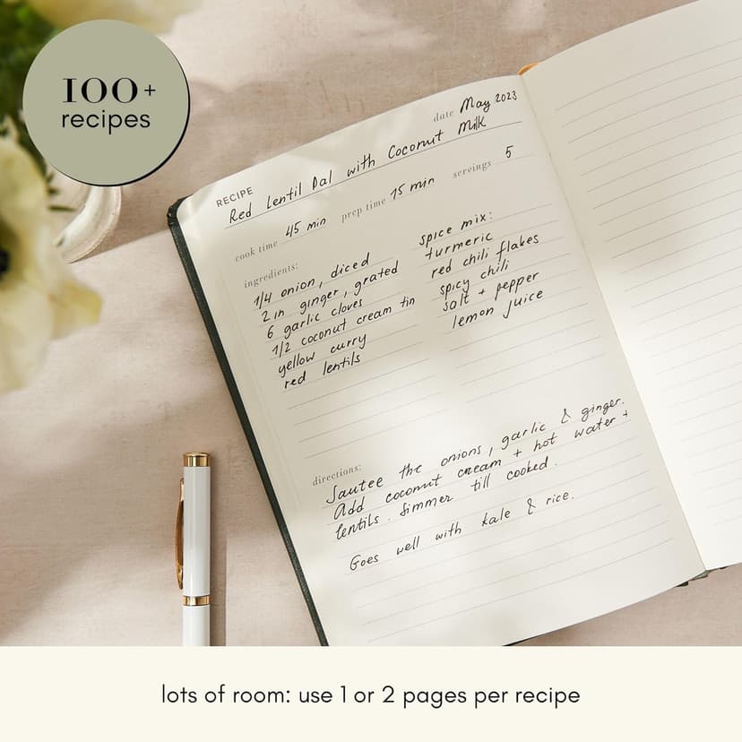 Kunitsa Co. Recipe Notebook - Keepsake Gift, Hardcover Blank Recipe Book to Write In Your Own Recipes with Journaling Prompts About the Chef, 100 Recipes, Dark Pine