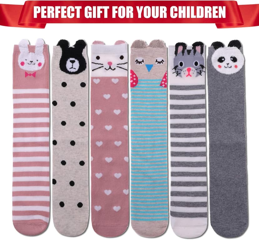 FNOVCO Girls Knee High Socks Kids Crazy Fun Gift Cute Animal Patterns Cotton Long Socks 6 Pairs