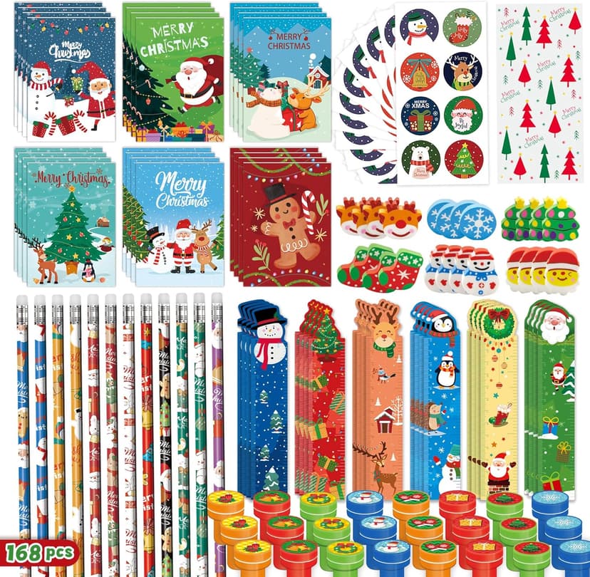 168 PCS Christmas Party Favors for Kids, 24-Pack Christmas Stationery Set for Stocking Stuffers, Christmas-Themed Classroom Gift Exchange Carnival Events Class Reward Gifts and Prizes