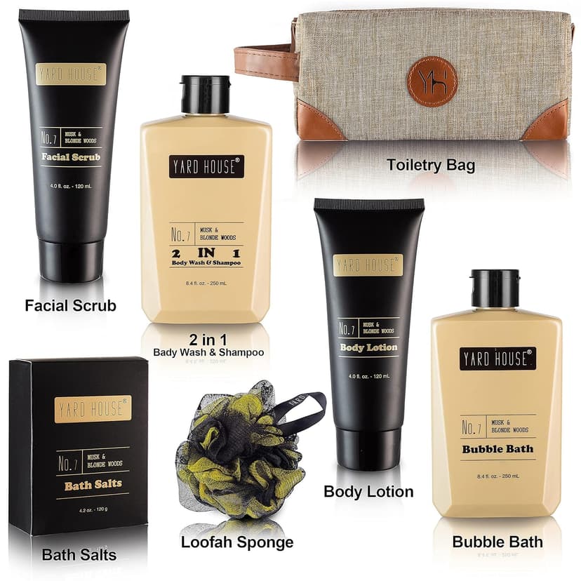 Mens Bath and Body Gift Set - Musk and Blonde Woods - Luxury Christmas, Birthday, Fathers Day Gifts From Daughter, Wife, Son For Dad, Husband - Relaxing Spa Kit for Him in Toiletry Bag