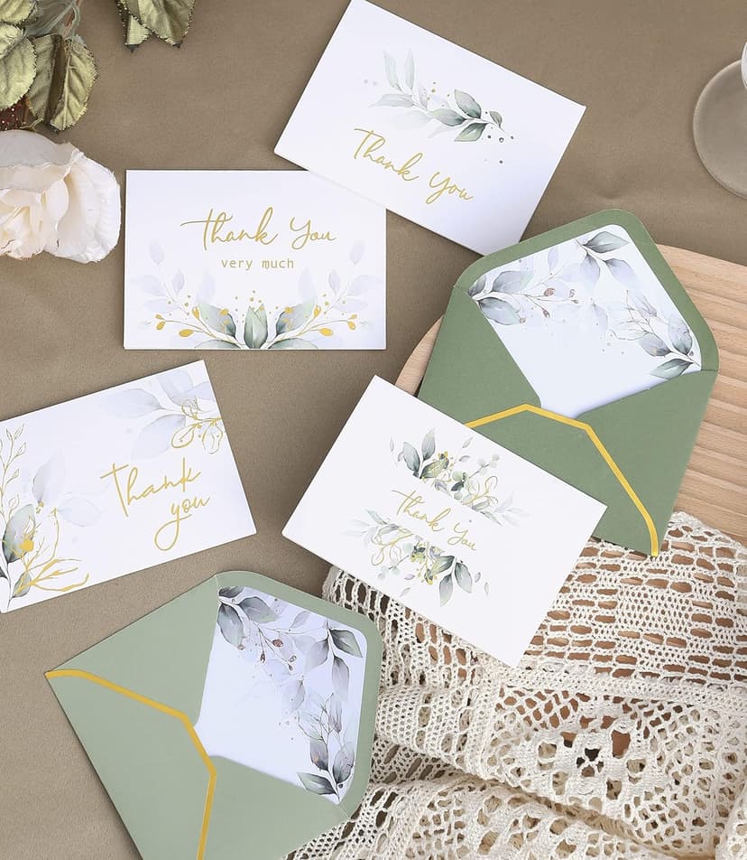Winoo Design 100 PK Luxurious Gold Thank You Cards with Envelopes Bulk Sage Green - 5x3.5 Inches Wedding Thank You Notes Baby Shower Greenery Bridal Shower Small Business