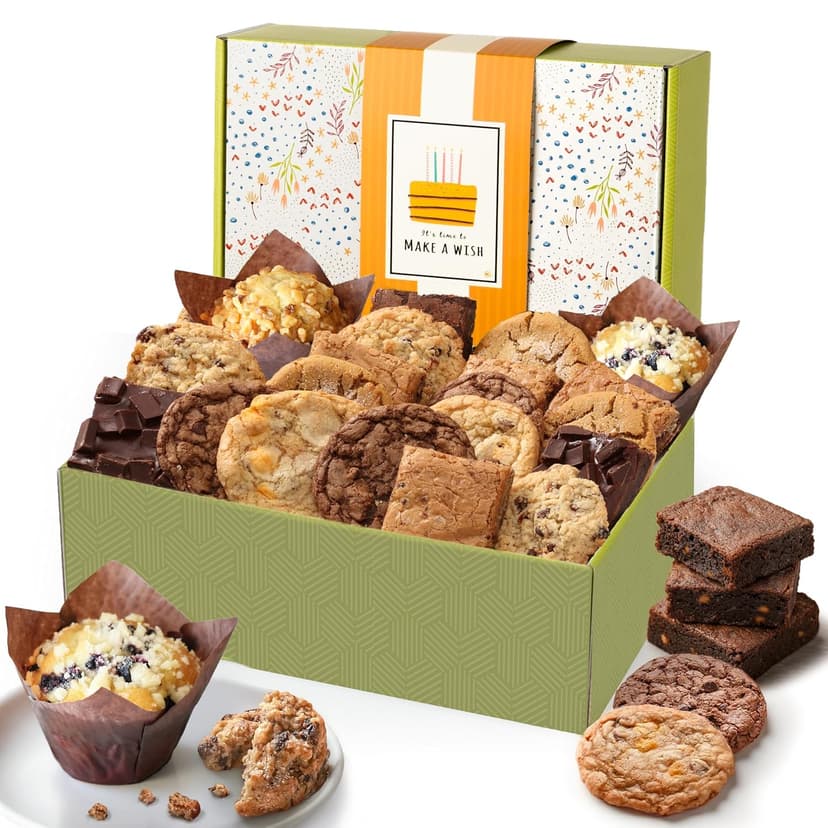 Broadway Basketeers Happy Birthday Gift Baskets for Prime Delivery Gourmet Cookie Gifts Box with Brownies, Individually Wrapped Edible Care Package for Men, Women, Husband, Wife, Mom, Dad, Families