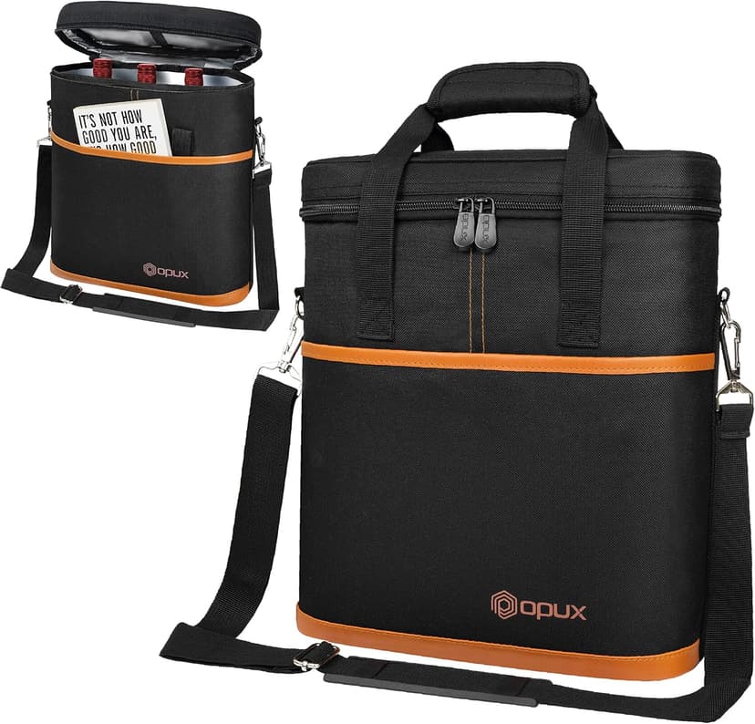 opux 3 Bottle Wine Carrier Tote, Insulated Leakproof Wine Cooler Bag, Wine Travel Bag Tote for Picnic BYOB Beach, Portable Wine Bottle Carrying Case, Gift for Wine Lover Women Men Christmas, Brown