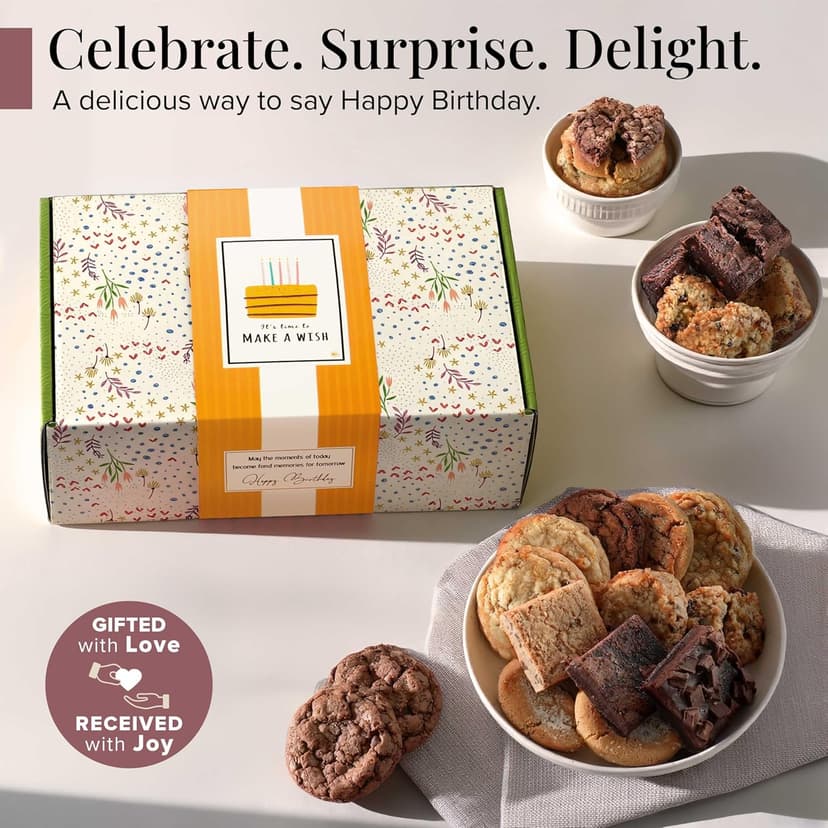 Broadway Basketeers Happy Birthday Gift Baskets for Prime Delivery Gourmet Cookie Gifts Box with Brownies, Individually Wrapped Edible Care Package for Men, Women, Husband, Wife, Mom, Dad, Families