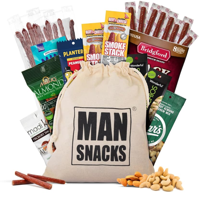 ManSnacks Deluxe Jerky & Nuts Gift Basket for Men - 28 pc - Large Variety of Beef Jerky Sticks, Pepperoni Sticks, Cheese Stick, Almonds, Peanuts & Pistachios, in a Manly Gift Bag