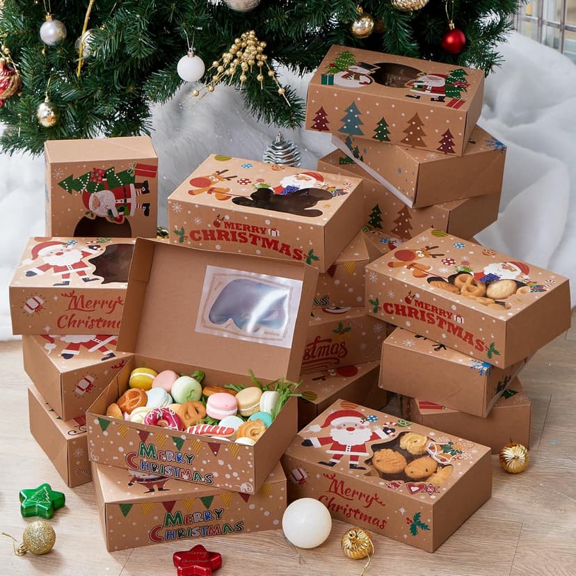 JOYIN 12PCS Christmas Cookie Boxes for Gift Giving, 8.75" x 5.75" x 2.75" Xmas Holiday Bakery Treat Boxes with Window, Kraft Cookie Tin Container Box for Baked Goods, Cupcake, Pastry, Candy, Doughnut