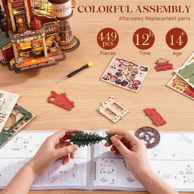 ROKR 3D Puzzle for Adults Christmas Style Dream Gift Factory Wooden Model Kit Luminous Factory DIY Dollhouse Kit Building with Music, Lights and 5 Elves for Teens & Kids
