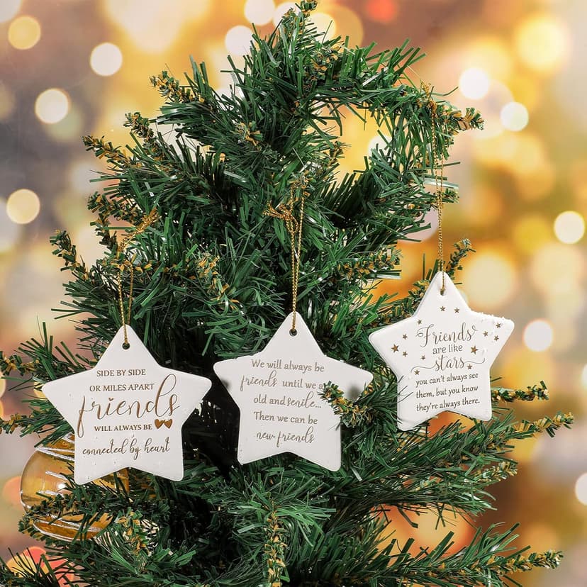 CHENGU Christmas Friends Ornament Ceramic Star Shaped Ornament High School College Hanging Sign Decoration Tree Ornament Good Friends are Like Stars Tags Crafts with Box for Classmate Friends (3 Pieces)