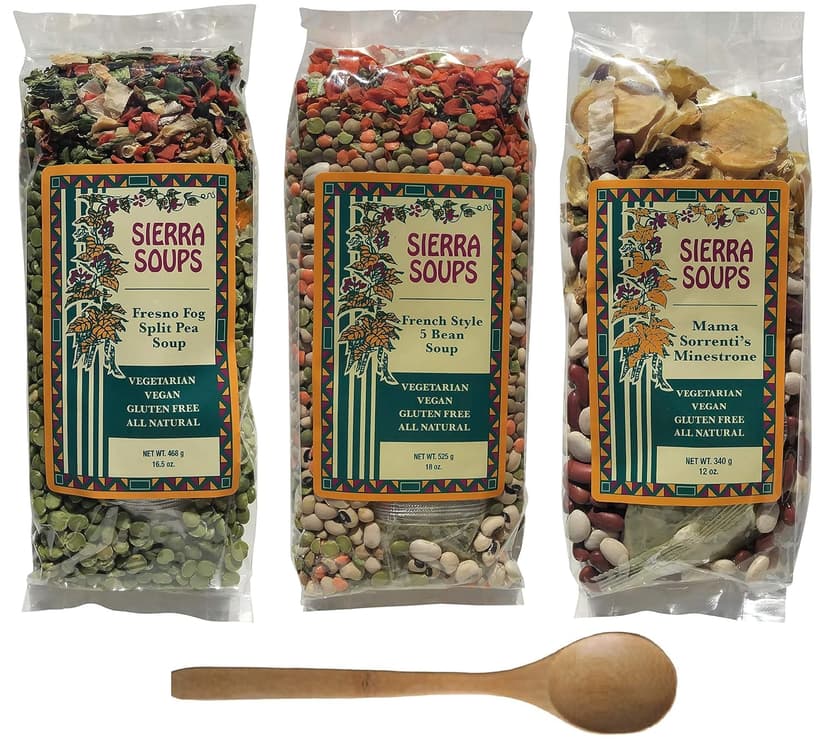 Sierra Soups Healthy, Hearty, All Natural and Gluten Free Soups - 3 Pack Assortment: Fresno Fog Split Pea, French Style 5 Bean & Mama Sorrenti’s Minestrone. Includes Soup Spoon