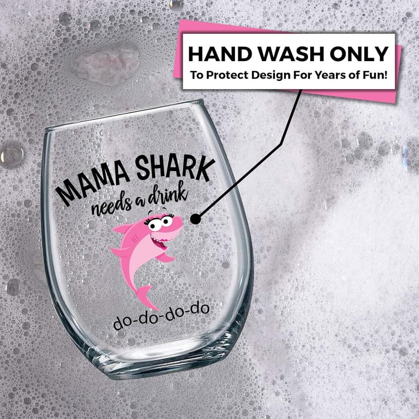 Mama Shark Needs a Drink Funny Wine Glass - Mom Gift For Birthdays, Mother's Day, Christmas, Holidays or Just Because - Stemless