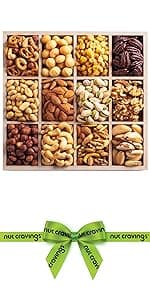 NUT CRAVINGS - Holiday Christmas Dried Fruit & Mixed Nuts Gift Basket in Reusable Wooden Tray + Ribbon (12 Assortments) Xmas Treats for Adults, Food Arrangement, Healthy Snack Care Package, Kosher